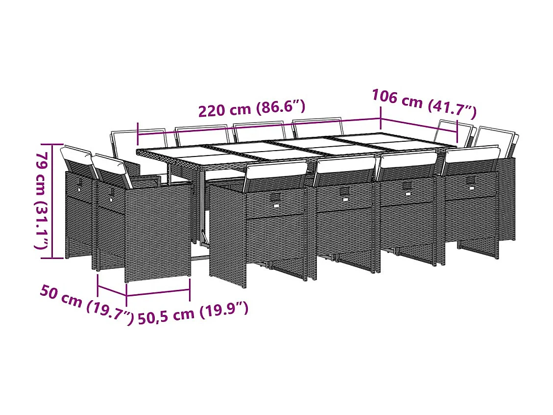 Set da Pranzo da Giardino 13 pz con Cuscini Beige in Polyrattan