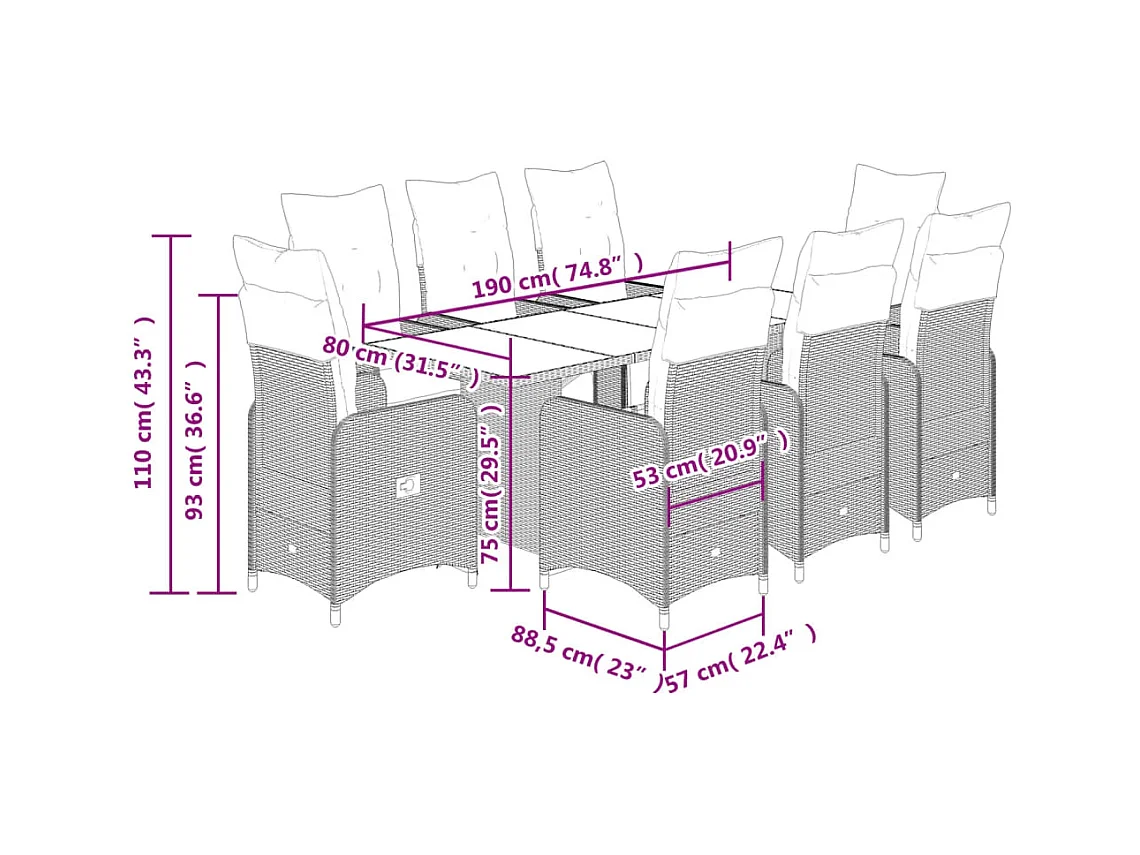 Ensemble de bistro de jardin 9 pcs coussins marron poly rotin