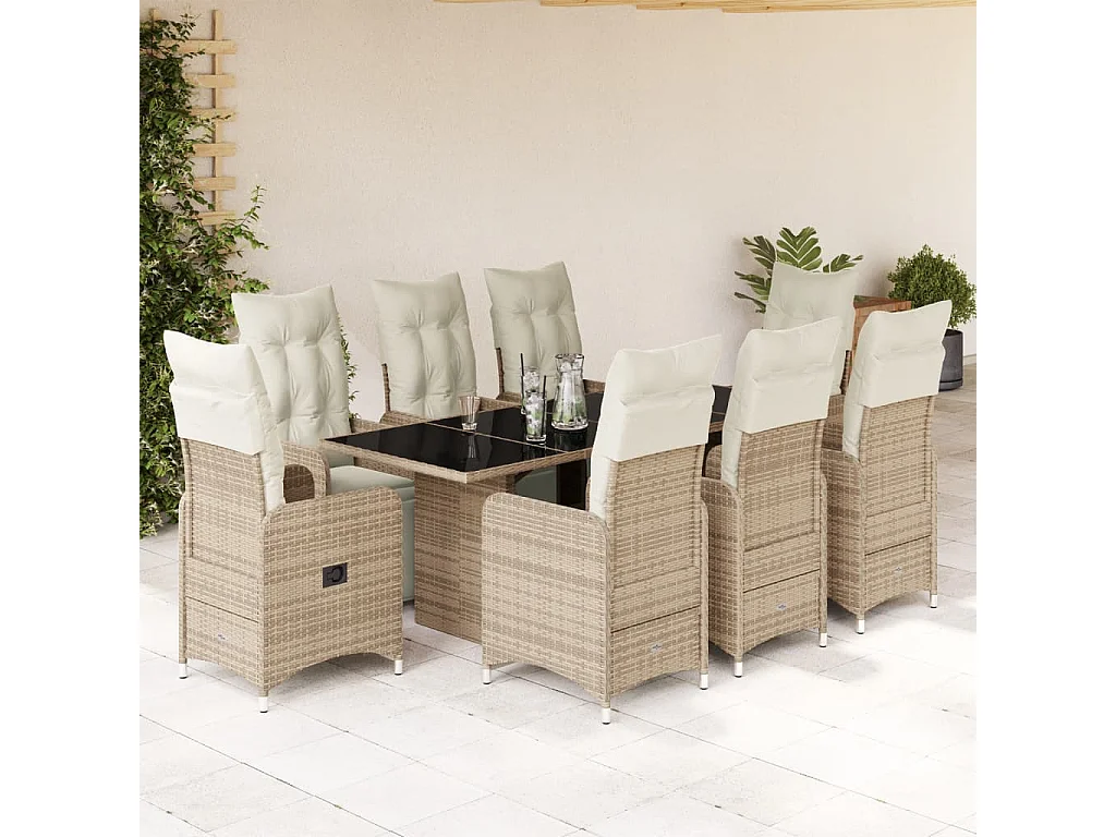 9-delige Bistroset met kussens poly rattan bruin