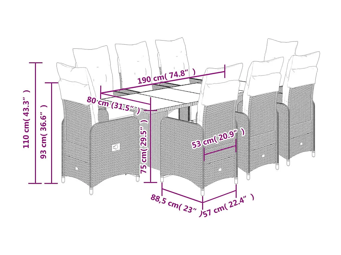 9-delige Bistroset met kussens poly rattan bruin
