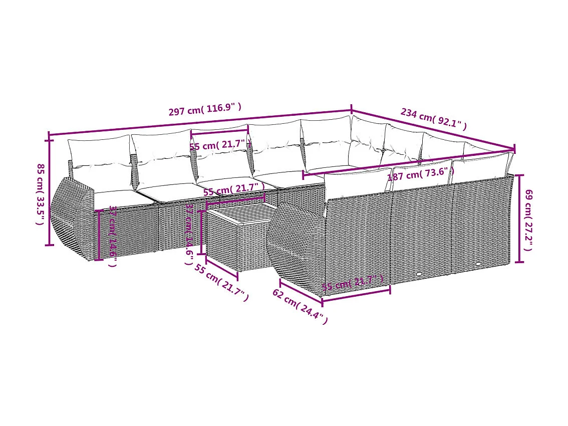 Set Divani da Giardino 11 pz con Cuscini in Polyrattan Grigio