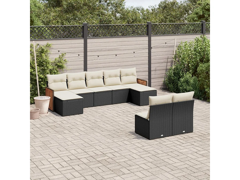 9-tlg. Garten-Sofagarnitur mit Kissen Schwarz Poly Rattan