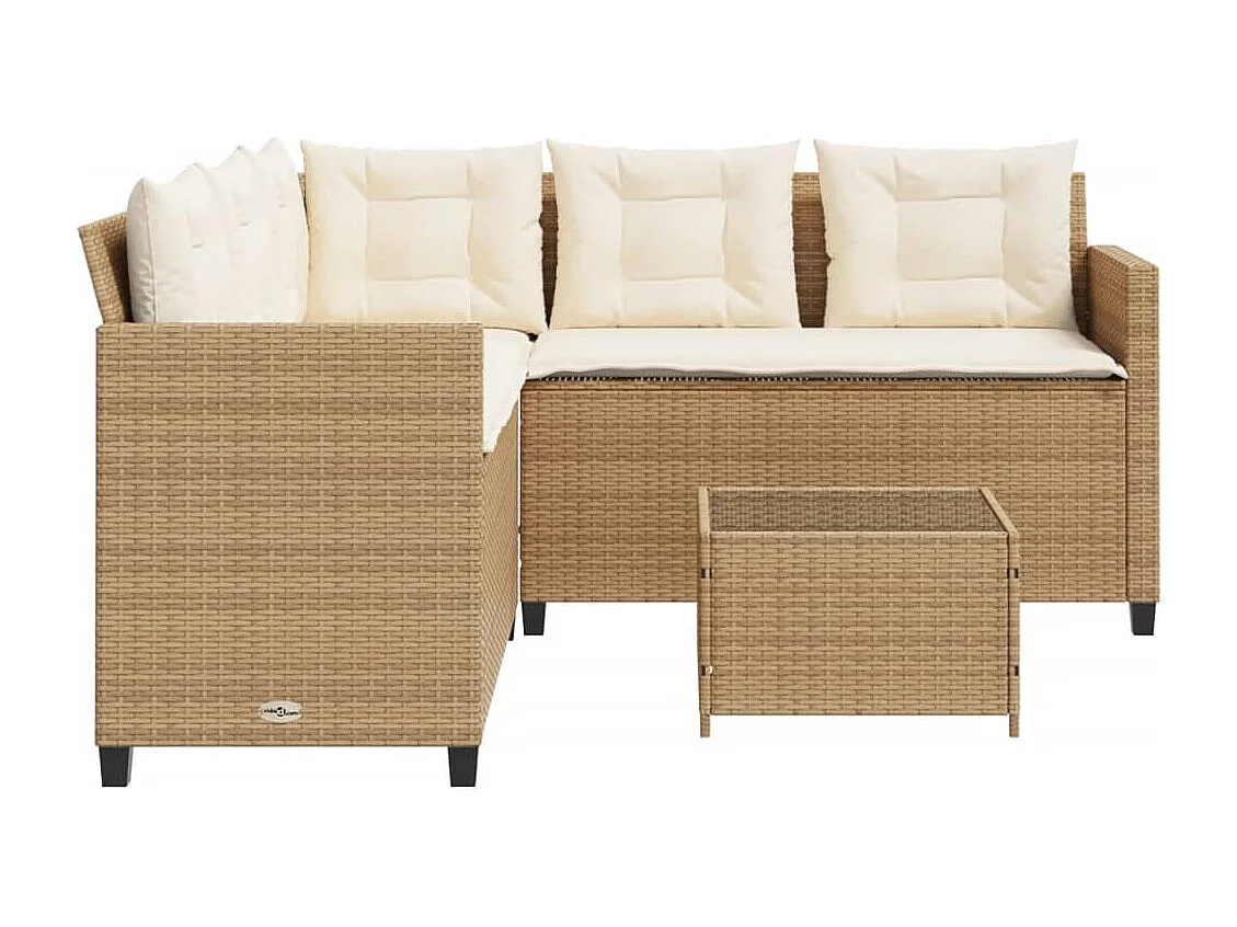 Sofá de jardín en forma de L con mesa y cojines ratán PE beige