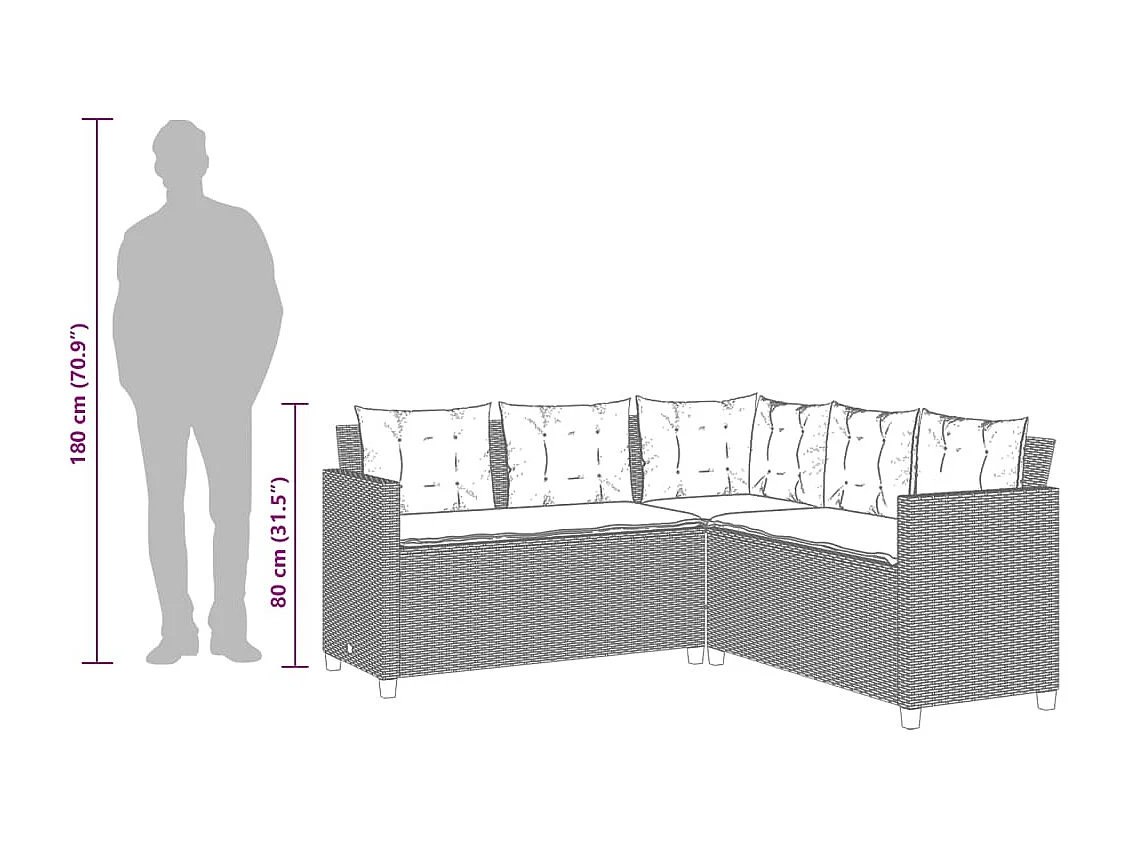 Sofá de jardín en forma de L con mesa y cojines ratán PE beige
