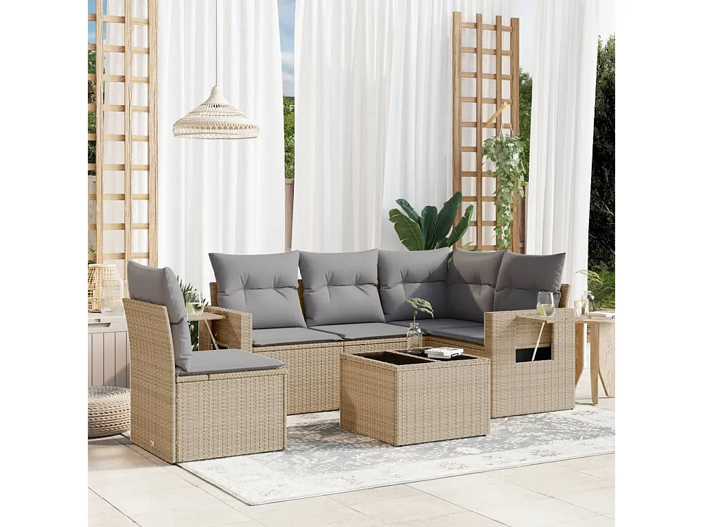 Set Divano da Giardino 6 pz con Cuscini Beige in Polyrattan