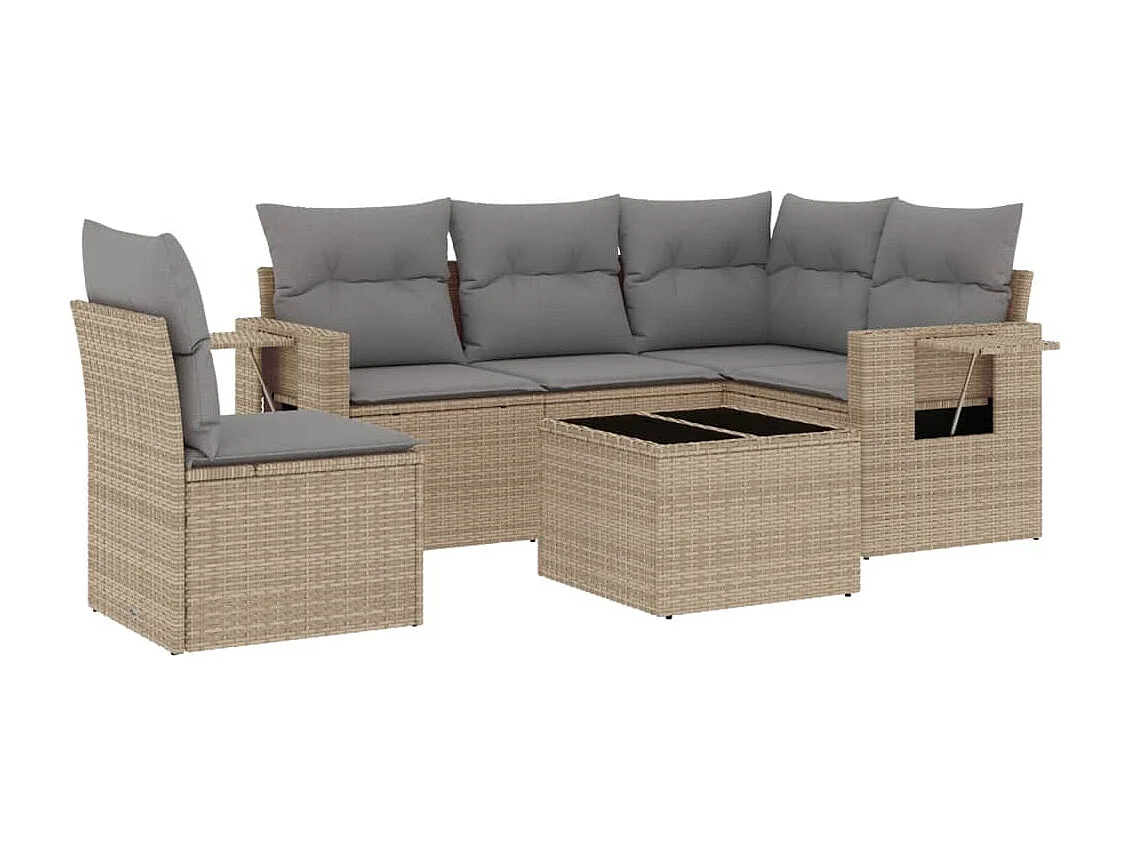 Set Divano da Giardino 6 pz con Cuscini Beige in Polyrattan
