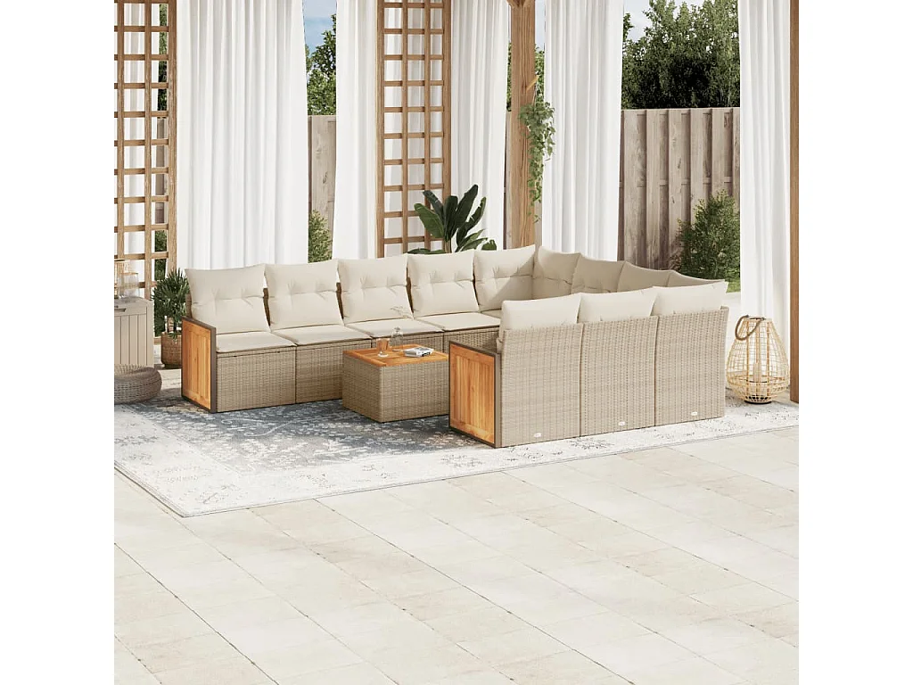 Set Divani da Giardino 11 pz con Cuscini Beige in Polyrattan