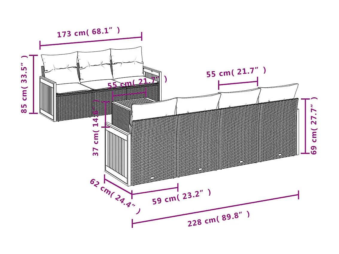 8-tlg. Garten-Sofagarnitur mit Kissen Grau Poly Rattan