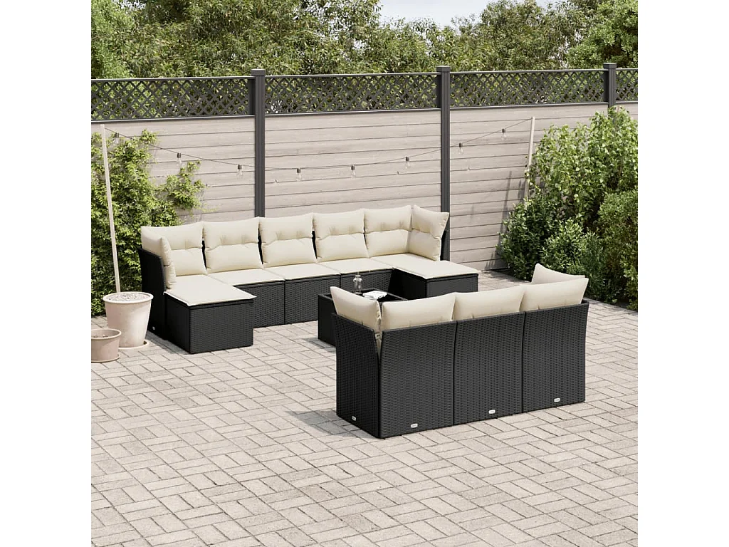 11-tlg. Garten-Sofagarnitur mit Kissen Schwarz Poly Rattan