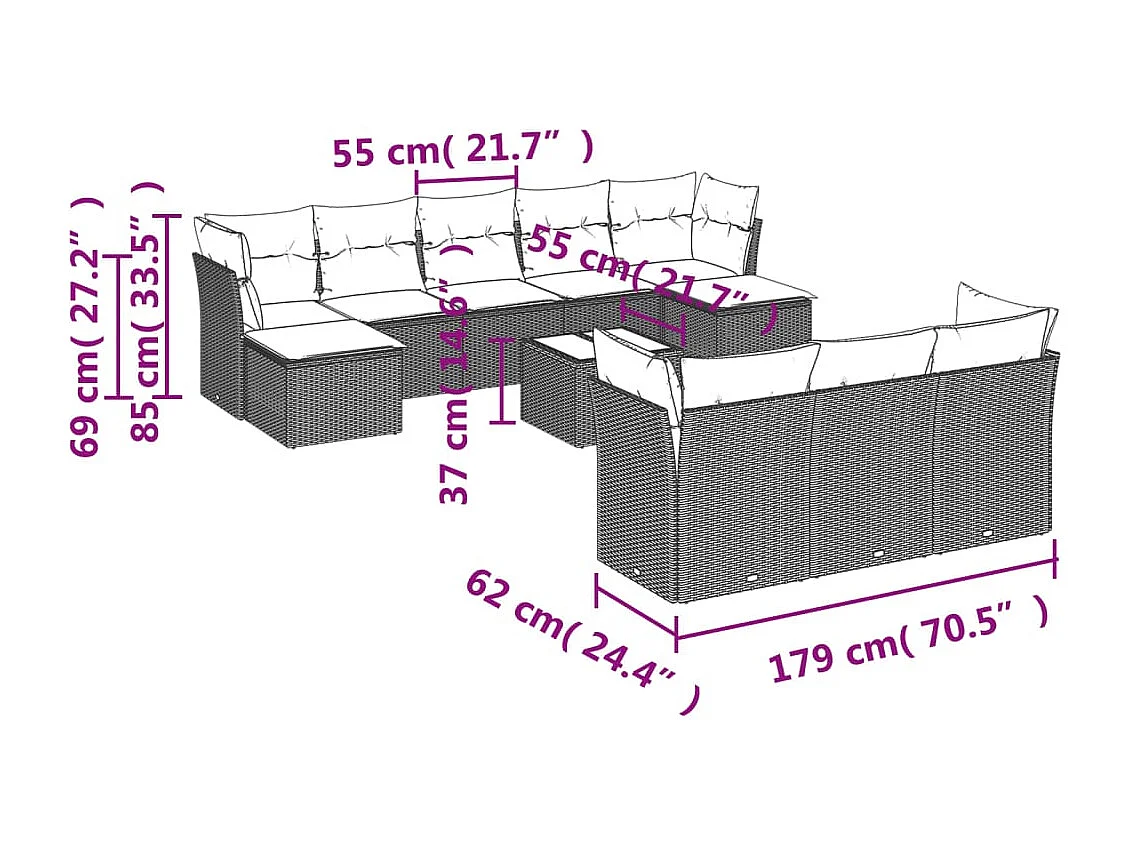 11-tlg. Garten-Sofagarnitur mit Kissen Schwarz Poly Rattan
