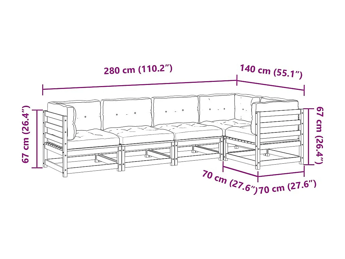 5-delige Loungeset met kussens geïmpregneerd grenenhout