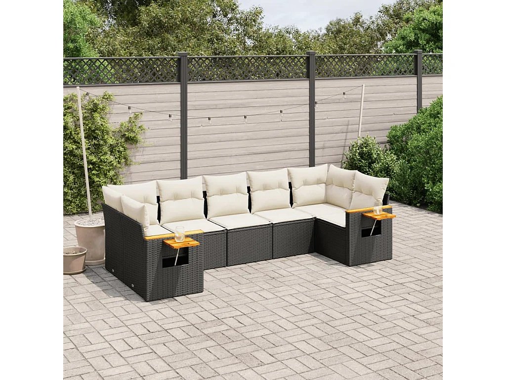 7-tlg. Garten-Sofagarnitur mit Kissen Schwarz Poly Rattan