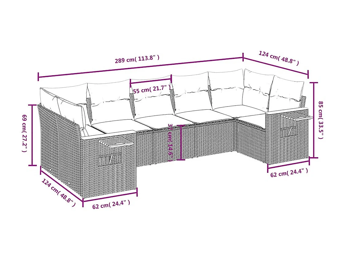 7-tlg. Garten-Sofagarnitur mit Kissen Schwarz Poly Rattan