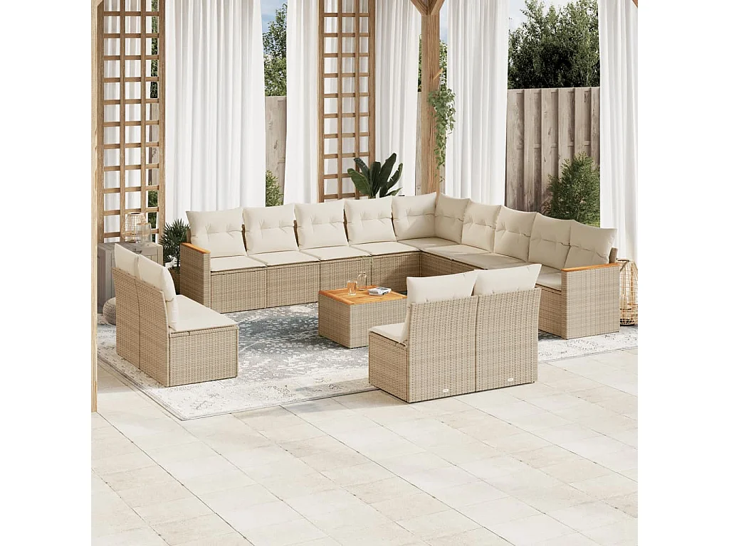 Set Divani da Giardino 14pz con Cuscini in Polyrattan Beige