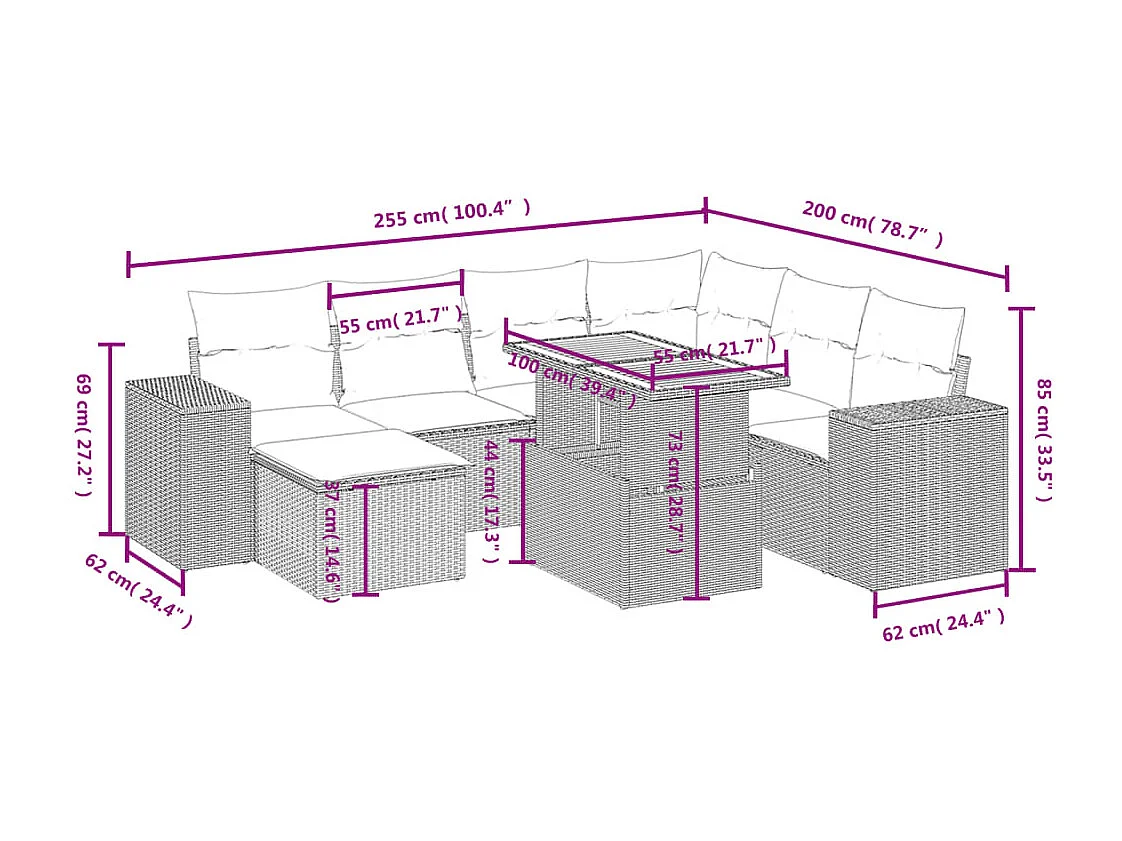 8 pcs conjunto sofás de jardim c/ almofadões vime PE cinzento