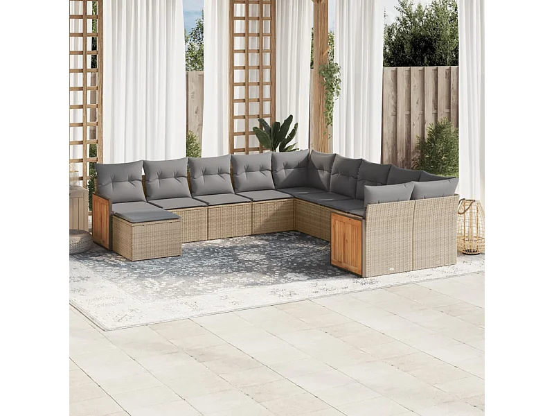 Set Divani da Giardino 11 pz con Cuscini Beige in Polyrattan