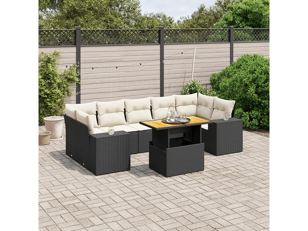 Salon de jardin 8 pcs avec coussins noir résine tressée