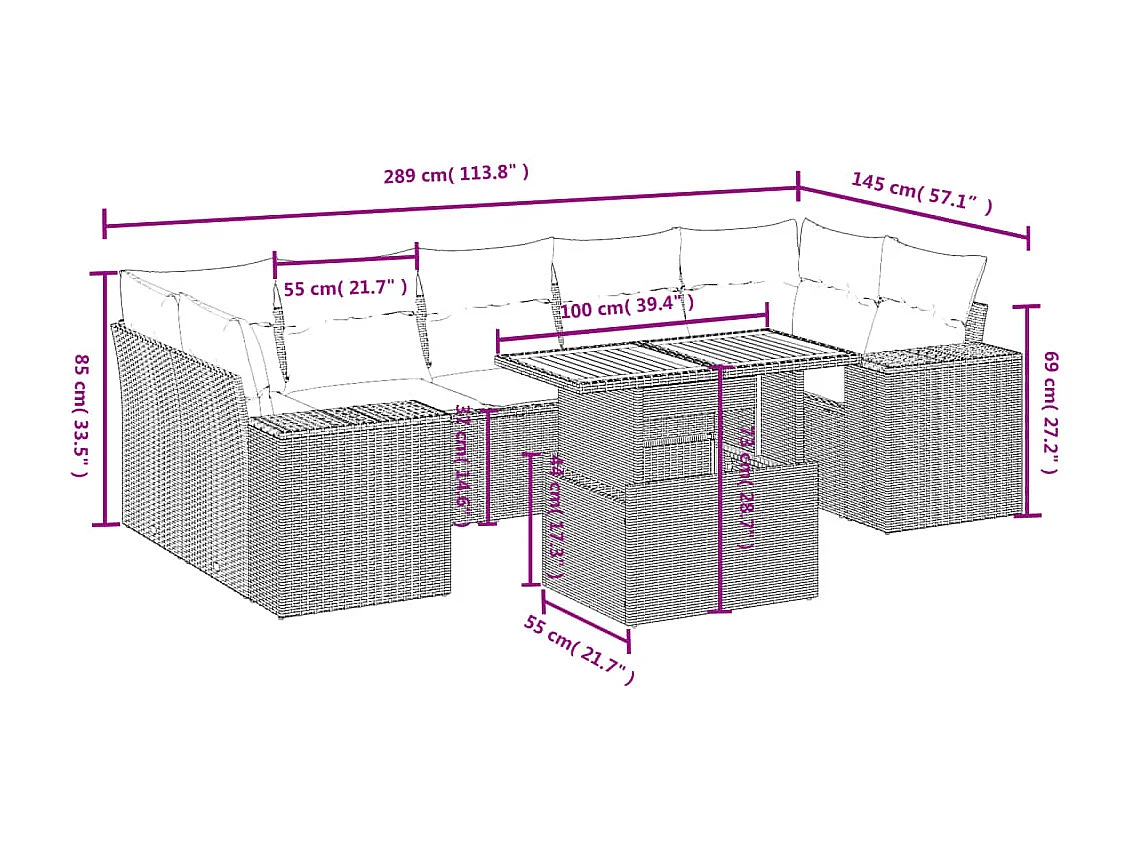 Salon de jardin 8 pcs avec coussins noir résine tressée
