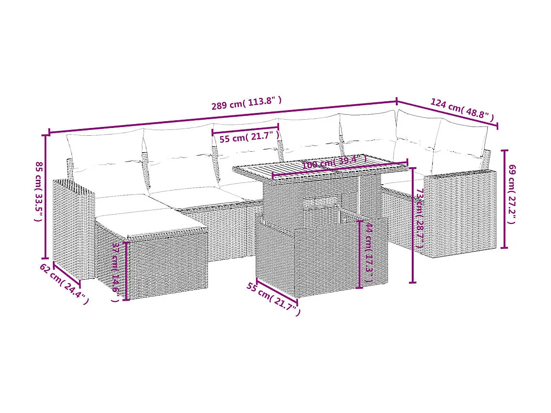 8 pcs conjunto sofás de jardim com almofadões vime PE preto
