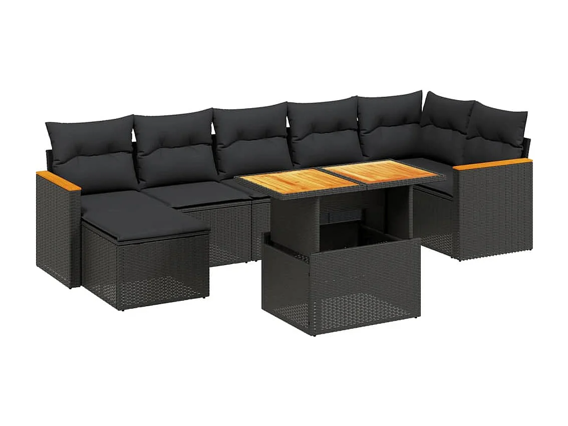 Salon de jardin 8 pcs avec coussins noir résine tressée