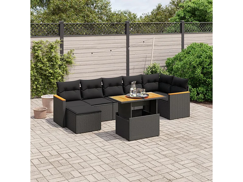 Salon de jardin 8 pcs avec coussins noir résine tressée