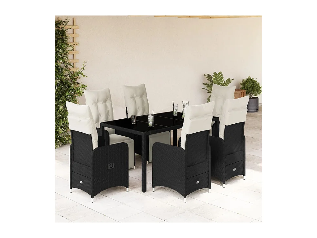 Set de mesa y sillas de jardín 7 pzas y cojines ratán PE negro