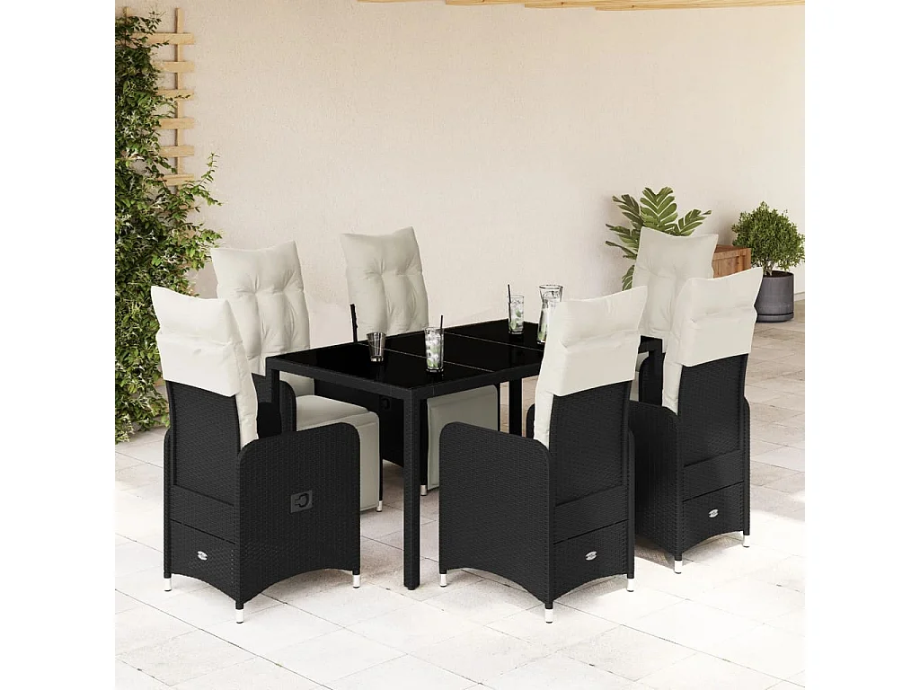 Ensemble de bistro de jardin 7 pcs coussins noir poly rotin