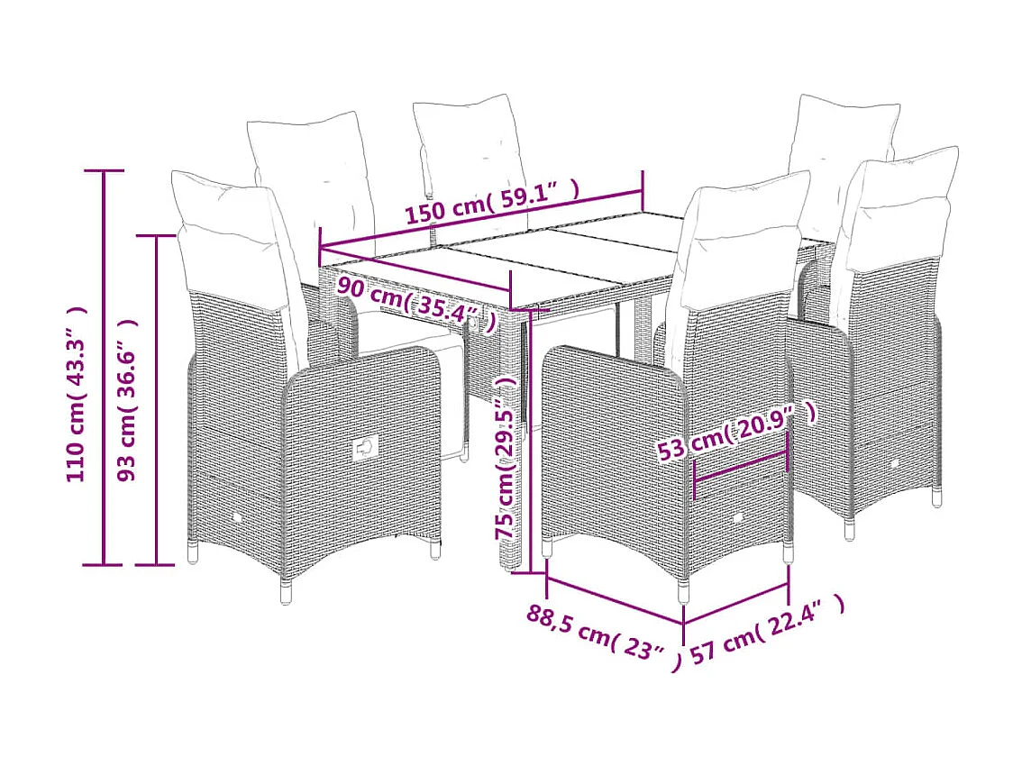 Ensemble de bistro de jardin 7 pcs coussins noir poly rotin