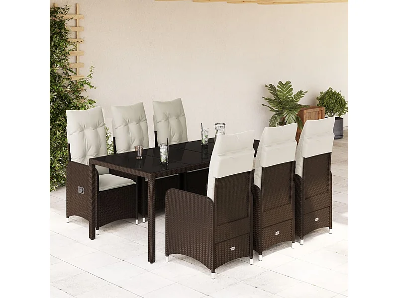 Ensemble de bistro de jardin 7 pcs coussins marron poly rotin