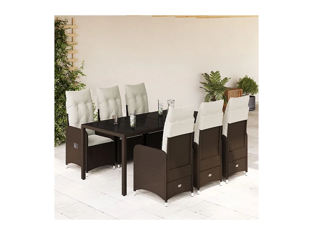 Ensemble de bistro de jardin 7 pcs coussins marron poly rotin