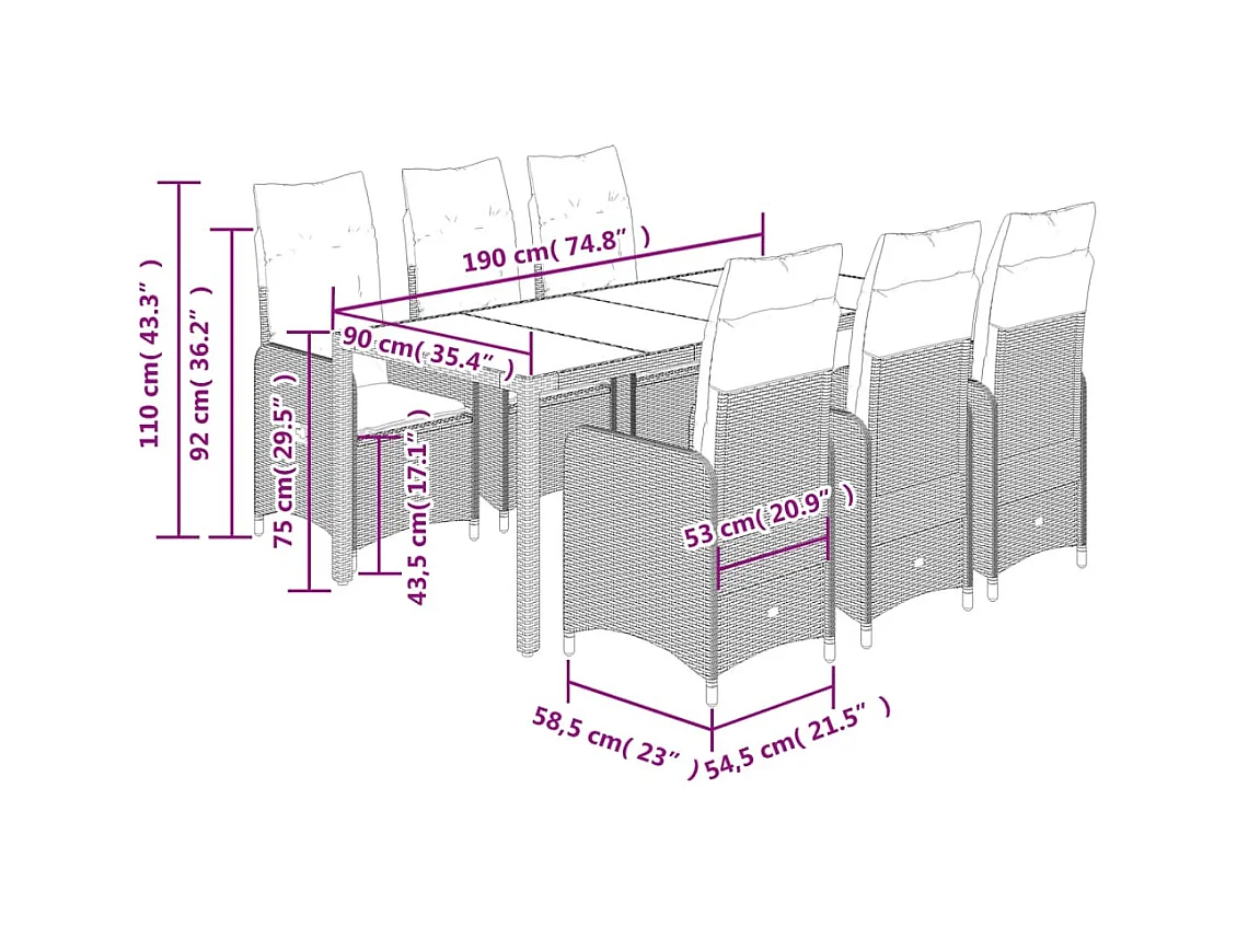 7-delige Bistroset met kussens poly rattan bruin