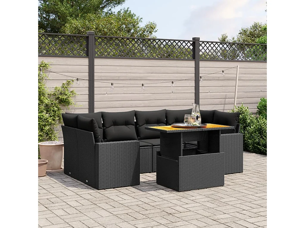 Salon de jardin 7 pcs avec coussins noir résine tressée