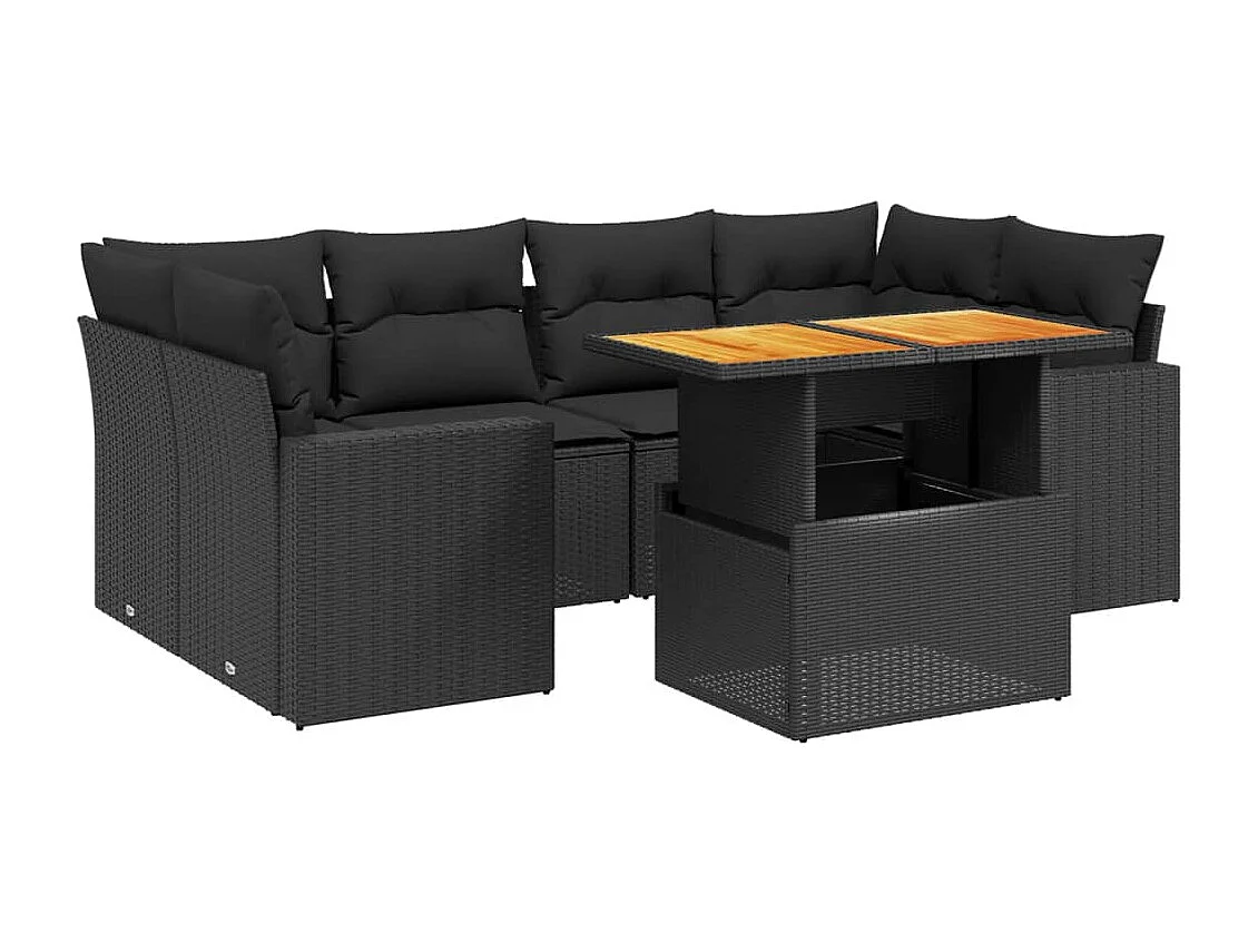 Salon de jardin 7 pcs avec coussins noir résine tressée