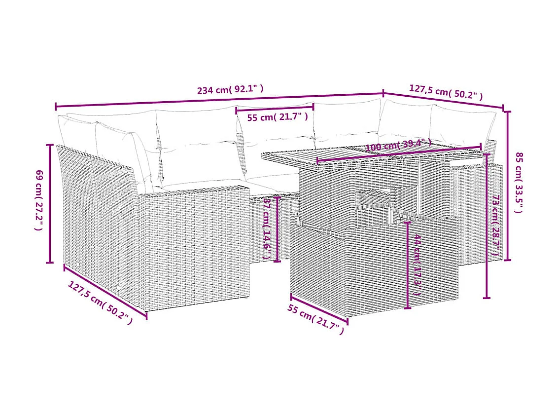 Salon de jardin 7 pcs avec coussins noir résine tressée