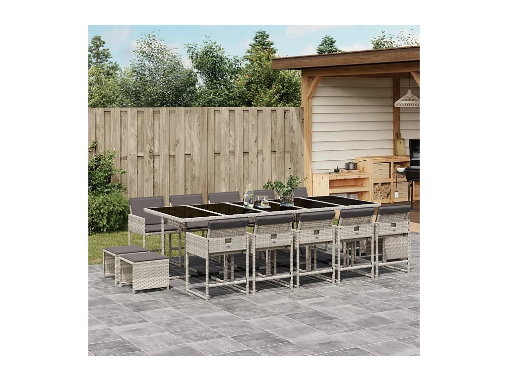 Ensemble à manger de jardin et coussins 15 pcs gris clair rotin