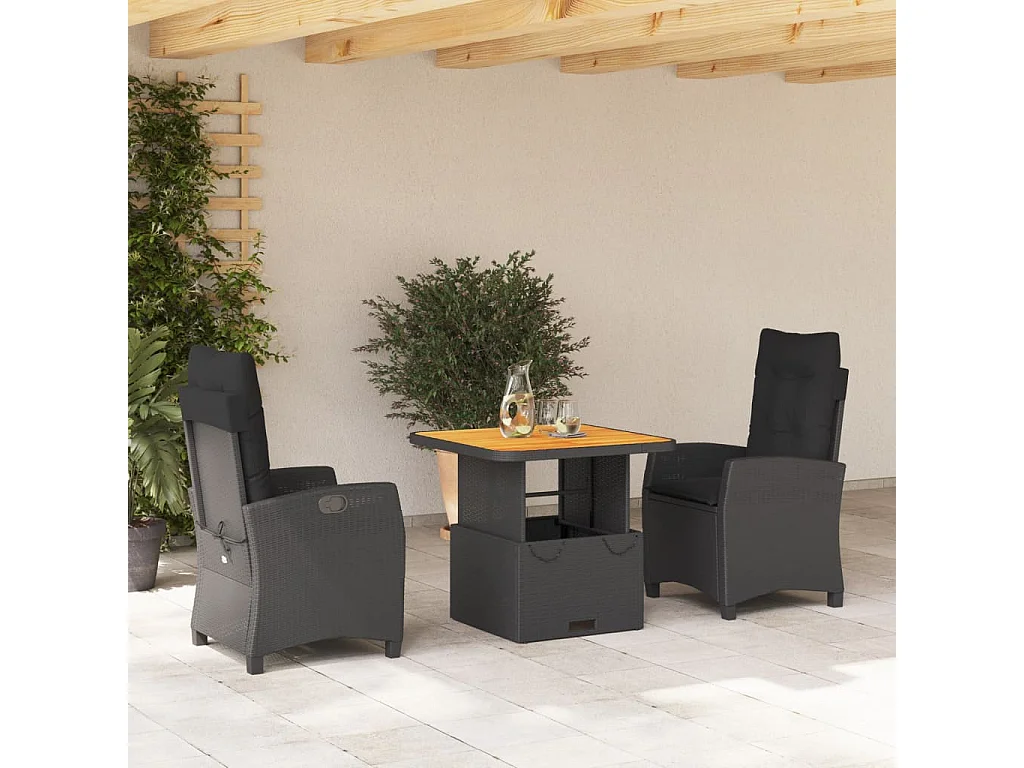 Set da Pranzo da Giardino 3 pz con Cuscini Nero in Polyrattan