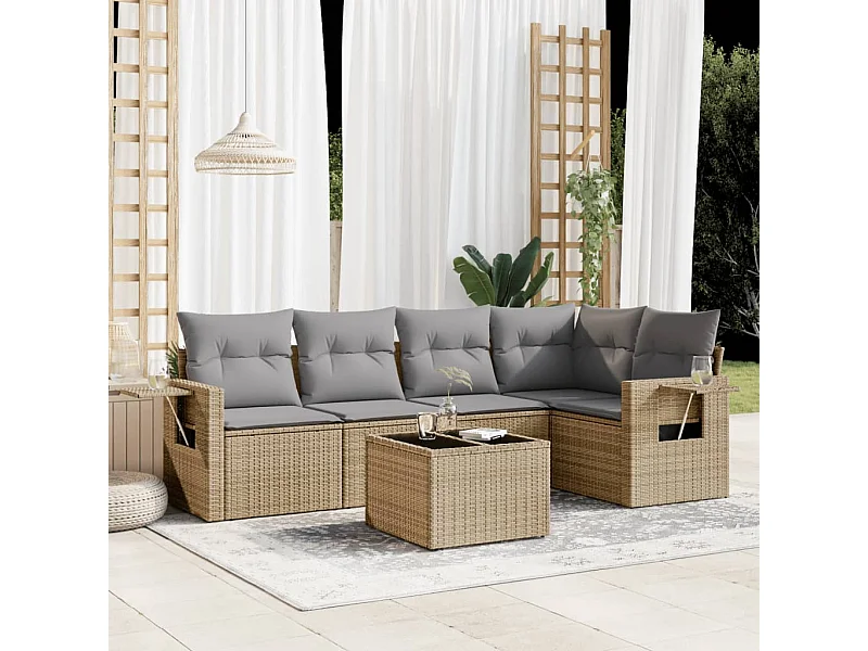 Set Divano da Giardino 6 pz con Cuscini Beige in Polyrattan