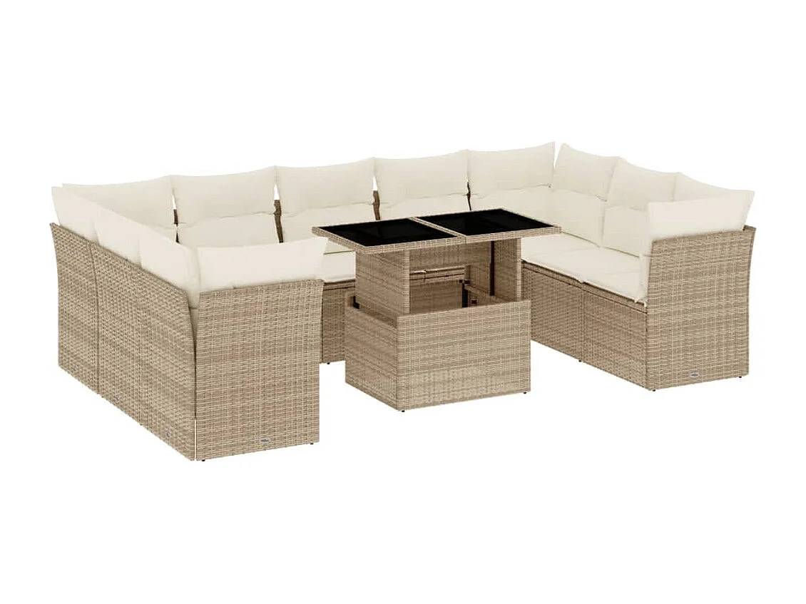 Set Divano da Giardino 10 pz con Cuscini Beige in Polyrattan
