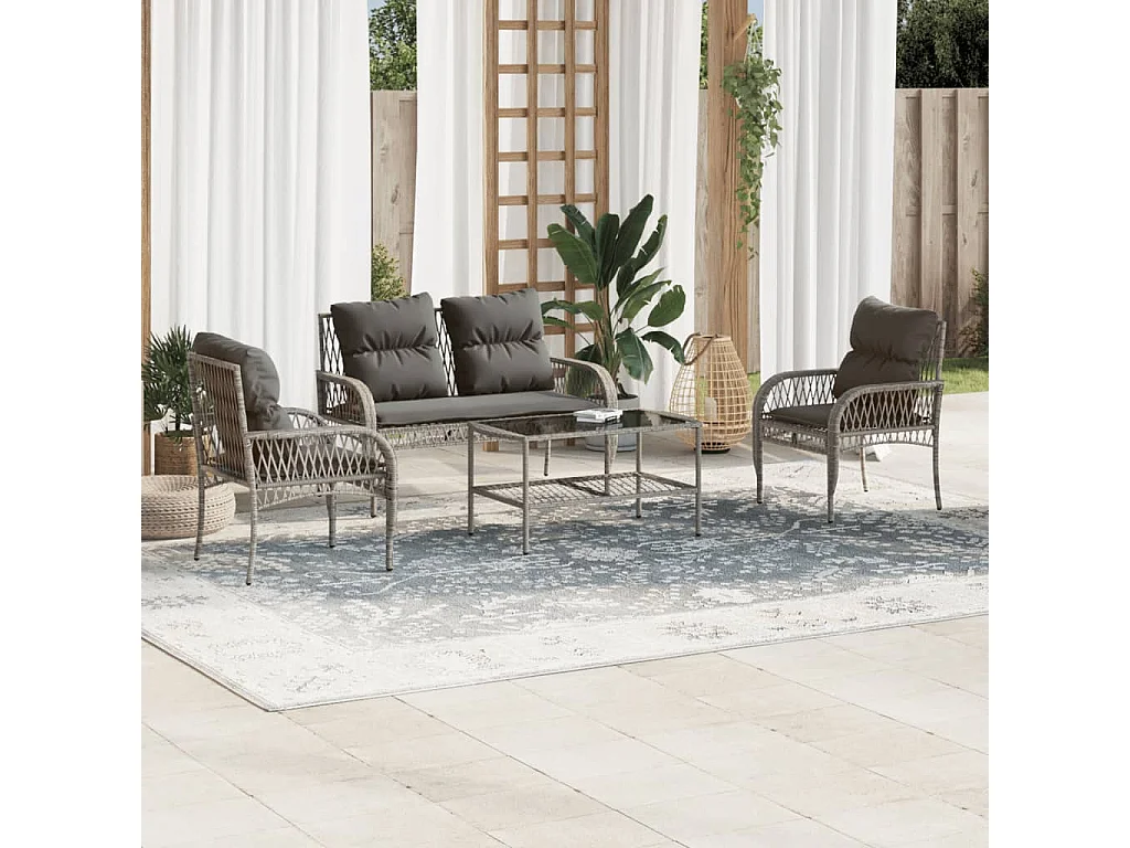 4 pcs conjunto sofás de jardim c/ almofadões vime PE cinzento