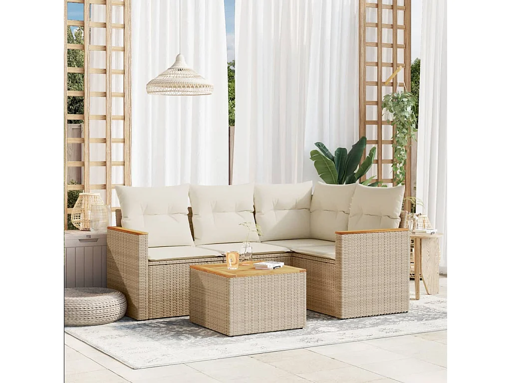 Set Divano da Giardino 5 pz con Cuscini Beige in Polyrattan
