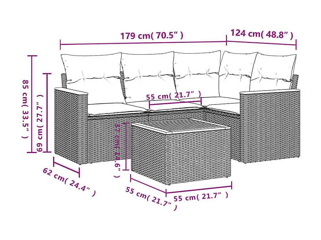 Set Divano da Giardino 5 pz con Cuscini Beige in Polyrattan