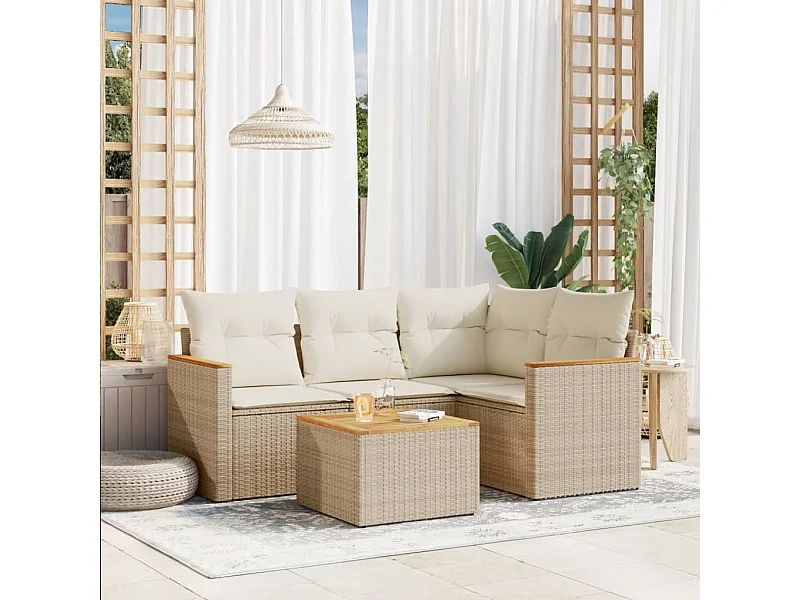 Set Divano da Giardino 5 pz con Cuscini Beige in Polyrattan