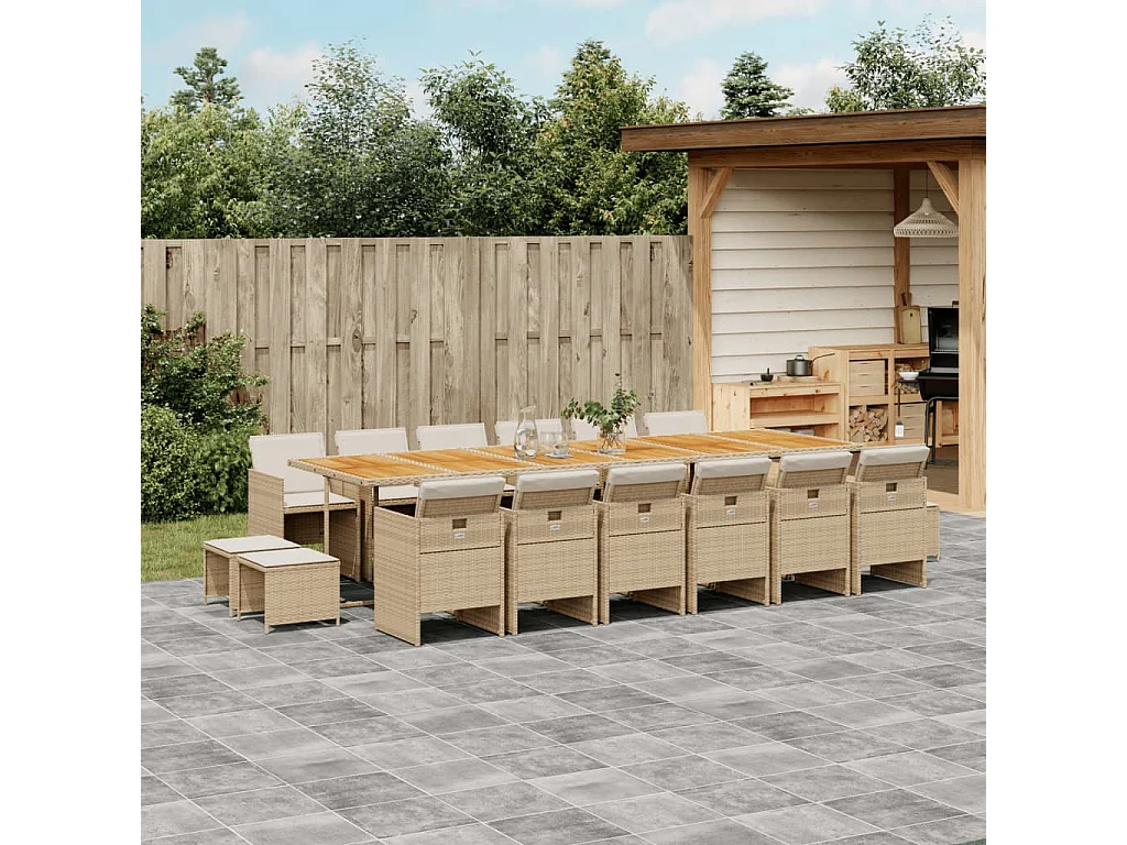 17 pcs conjunto de jantar p/ jardim c/ almofadões vime PE bege