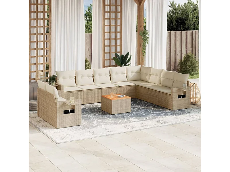Salon de jardin 11 pcs avec coussins beige résine tressée