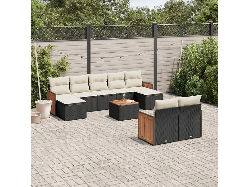 Set Divani da Giardino 10pz con Cuscini in Polyrattan Nero