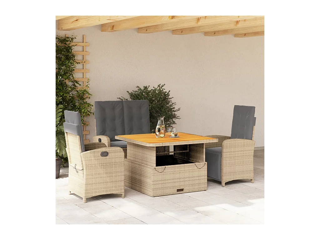 4 pcs conjunto de jantar p/ jardim c/ almofadões vime PE bege