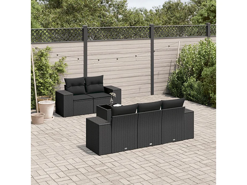 Salon de jardin 6 pcs avec coussins noir résine tressée
