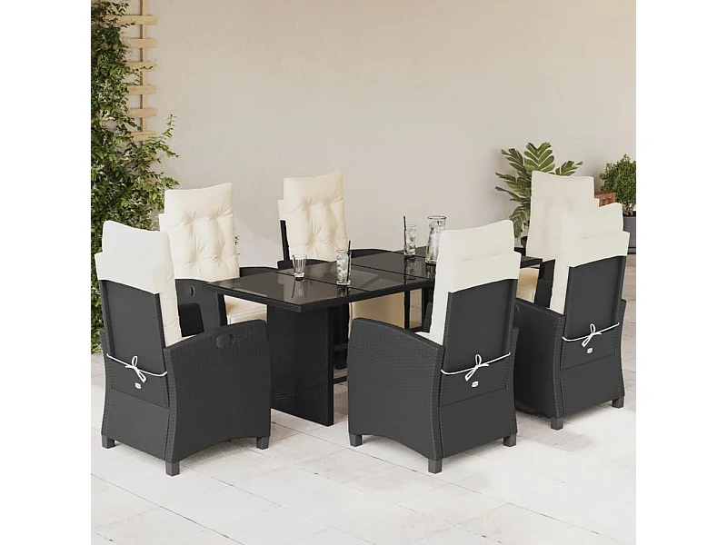 7 pcs conjunto de jantar p/ jardim c/ almofadões vime PE preto