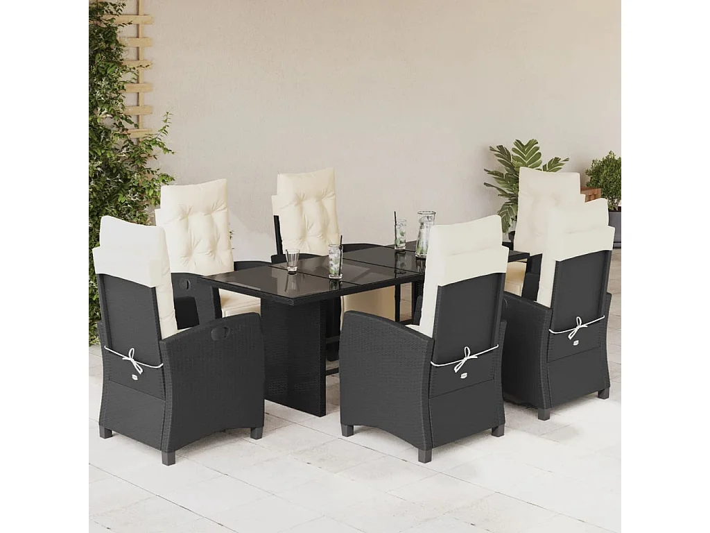 7 pcs conjunto de jantar p/ jardim c/ almofadões vime PE preto