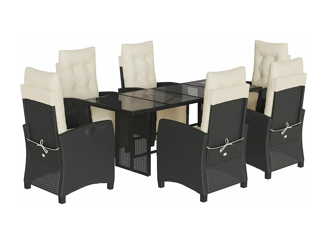 7 pcs conjunto de jantar p/ jardim c/ almofadões vime PE preto